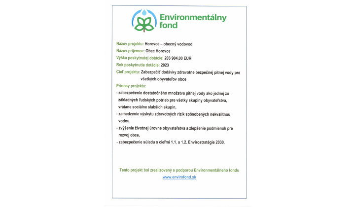 Info o projekte EF - Horovce obecný vodovod